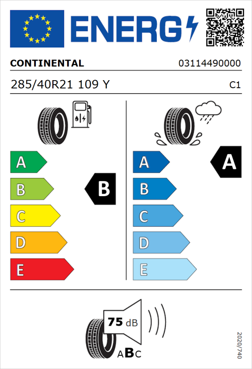 Tyre Label for Continental ContiSportContact 5 285/40R21 109Y