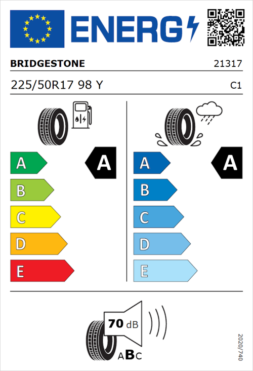 Tyre Label for Bridgestone Turanza 6 225/50R17 98Y
