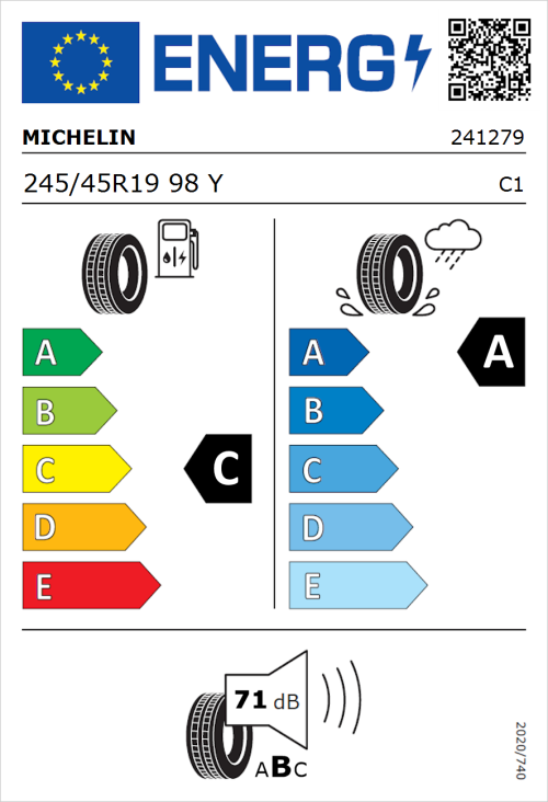 Tyre Label for Michelin Primacy 3 (Zero Pressure) 245/45R19 98Y
